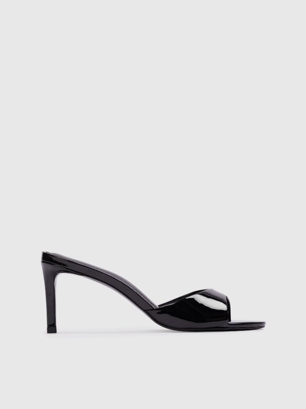 BLACK SUEDE STUDIO Freddie 65 Mule in Black shiny leather kitten slip on heel